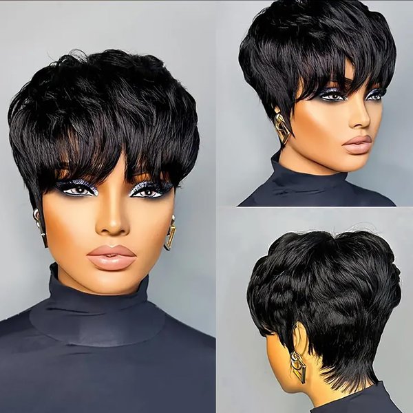 Evasens Pixie Cut Wigs Human Hair Short Wigs for Black Women Human Hair Pixie wig with Bangs Short Black Wig Layered Wigs Daily Wear 1B Color None Lace Front Wigs