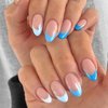 French Tip Press on Nails Long Almond Fake Nails Dark Blue Light Blue White Multicolor False Nails Glossy Nude Artificial Nails with Glue on Nails Reusable Full Cover Stick on Nails for Women
