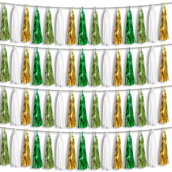 4P Sage-Green Beige-Mint Gold Foil Fringe Metallic Tassel Garland Banner, Tassels Banner Streamers for Parade Floats, Bachelorette, Wedding, Birthday, Christmas, Bridal/Baby Shower Party Decorations