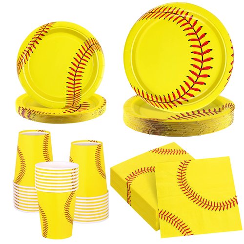ADXCO 120 Pieces Softball Birthday Party Supplies Include 48 Softball Paper Napkins, 24 Softball Paper Cups and 48 Softball Paper Plates for Sports Birthday Party Decorations Party Supplies