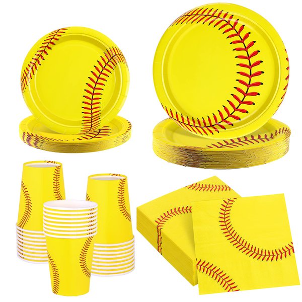 ADXCO 120 Pieces Softball Birthday Party Supplies Include 48 Softball Paper Napkins, 24 Softball Paper Cups and 48 Softball Paper Plates for Sports Birthday Party Decorations Party Supplies