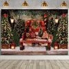 Christmas Red Truck Backdrop Winter Snowy Forest Christmas Tree Holiday Party Background Merry Christmas Baby Shower Birthday Party Decorations New Year Party Cake Table Banner,7X5FT