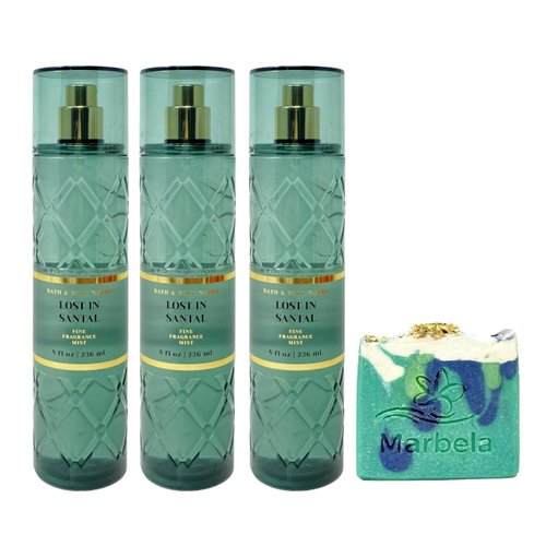 Bath & Body Works Lost In Santal 3 Pack Fine Fragrance Mist Set with an Aloe Vera Bar Soap - Full Size