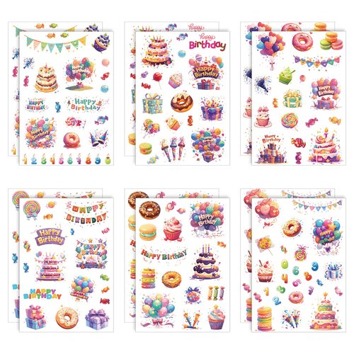 12 Sheets Birthday Stickers, Adhesive Cute Labels Happy Birthday Stickers Decals for Gift Cards Envelope Scrapbook DIY Craft Decoration Party Favors Supplies for Kids Adults (6 Styles)