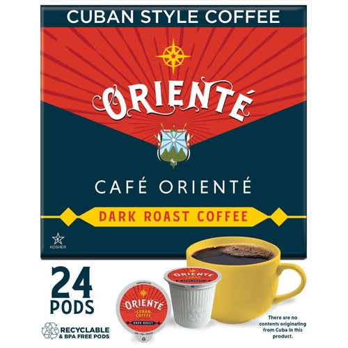 Oriente Dark Roast Cuban Coffee Pods, 24 ct | Cafe Oriente Authentic Cuban Coffee Inspired Style | 100% Arabica Coffee | Solar Energy Produced Recyclable Pods Compatible with Keurig K Cups Maker