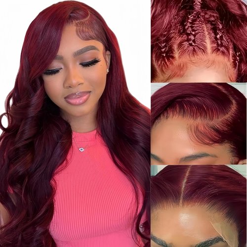 Suresen 99J Burgundy Body Wave Lace Front Wigs Human Hair Pre Plucked 13x4 HD Lace Frontal Wigs H...