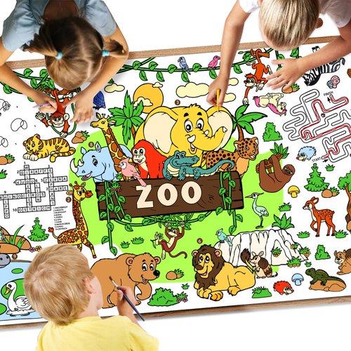 Giant Coloring Poster,35x72Inch Zoo Animal Activity Drawing Paper Coloring Table Cover,DIY Zoo Poster Table Cloth Art Crafts Coloring Mat for Kids,Home Classroom Party Decorations Suppiles
