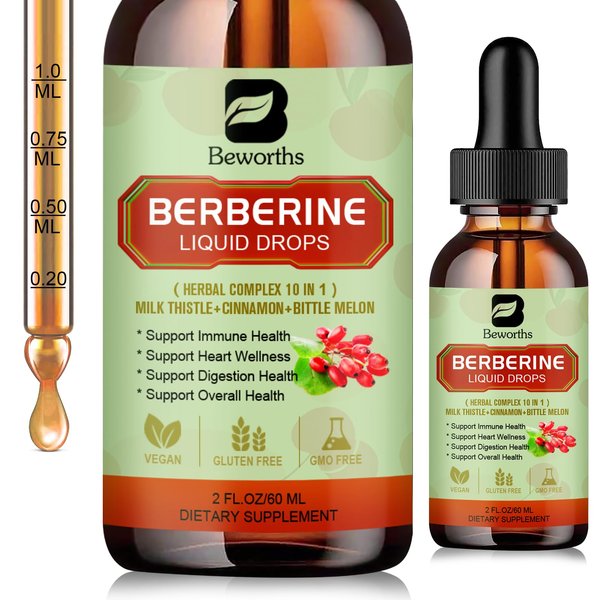 B BEWORTHS Berberine HCL Supplement with Ceylon Cinnamon - Berberine Phytosome Liquid Drops with Turmeric, Ceylon Cinnamon, Bitter Melon, Milk Thistle, Berberine Supplement for Digestion Support