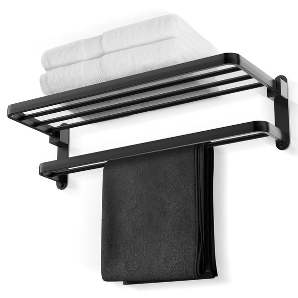 BOZWELL Bathroom Lavatory Towel Rack with Two Towel Bars,24-Inch Towel Holder with Shelf BZ205-A (Matte Black)