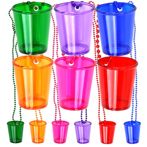 Iconikal Shot Glasses on Beaded Necklace, Assorted Colors 12-Pack - Durable Plastic 2 oz. Shot Glasses, Tailgating & More