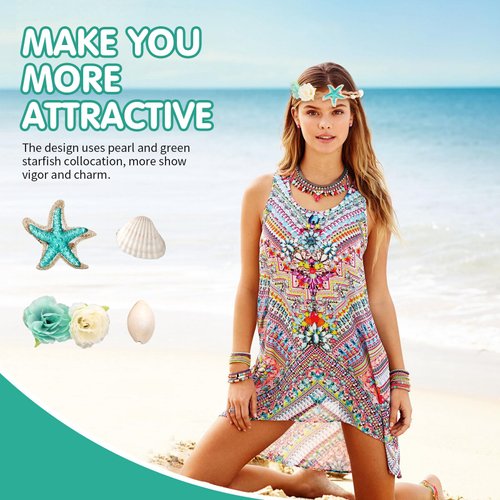 Aucpod Starfish Shell Wave Headband, Handmade Hairband with Fabric Flowers, Elastic Ribbon, Jute Rope, for Women and Girls, Beach, Wedding, Festival, Party, One Size, Beige