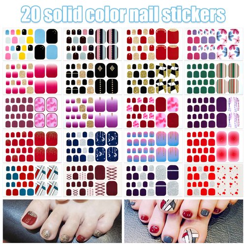 YECIRALA 20 Sheets 440 Pcs Fashion Designs Toe Nail Stickers Full Nail Wraps for Women Toenails Stickers Gel Nail Polish Stickers for Toes Nails Gel Nail Strips Stick On Nails Polish Strips Decals