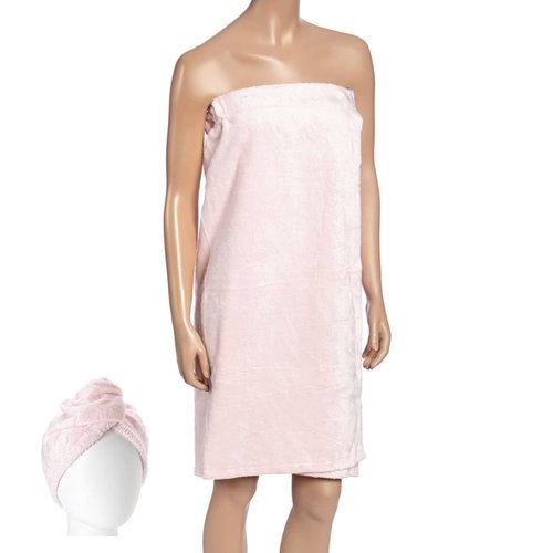 FABBRICA Home Natural Rayon Made from Bamboo Super Absorbent Quick Dry Spa Bath Wrap Shower Skirt and Hair Drying Turban - 2pc Set (One-Size, Rose Pink)