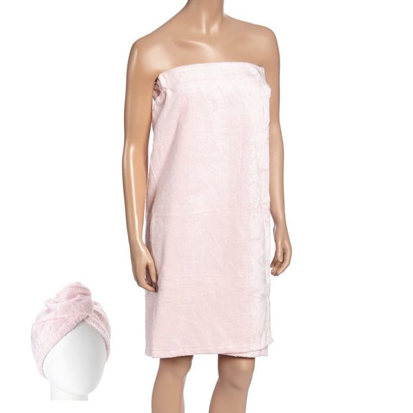 FABBRICA Home Natural Rayon Made from Bamboo Super Absorbent Quick Dry Spa Bath Wrap Shower Skirt and Hair Drying Turban - 2pc Set (One-Size, Rose Pink)