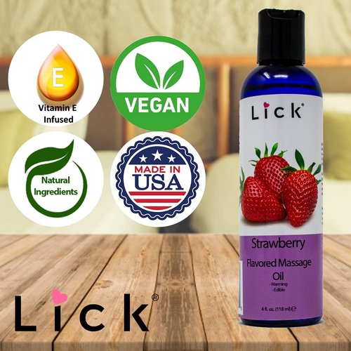 Lick Strawberry Flavored Massage Oil with Natural Vitamin E, Almond, Coconut Ideal for Aromatherapy, Moisturizing, Relaxing Muscle Massage. Essential Non-Sticky Skin Therapy for Men & Women - 4 oz