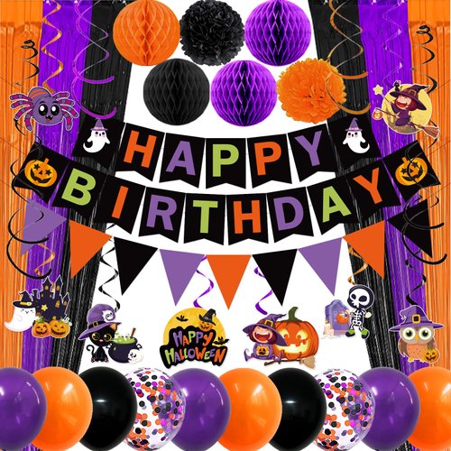 Halloween Birthday Party Decorations, Ghost Pumpkin Halloween Birthday Party Supplies Includes Halloween Birthday Banner Foil Curtains Backdrop Balloons Hanging Swirl for Indoor Outdoor Decorations
