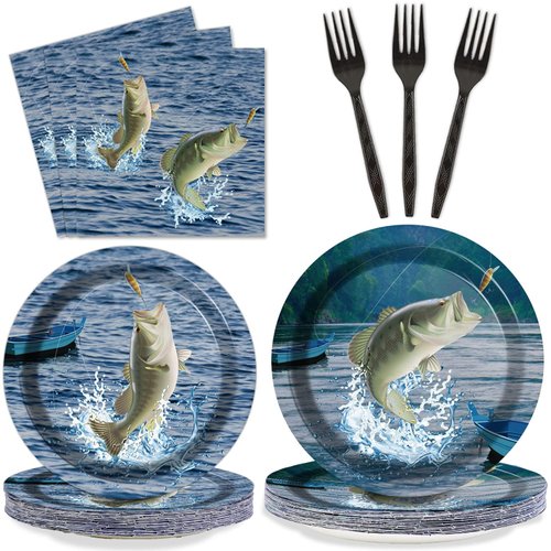 ZOIIWA 200 PCS Gone Fishing Tableware Disposable Paper Plates Napkins Fishing Tournament Birthday Party Supplies Dinnerware Set Napkins Fishing Themed Party Decoration Serve 50 guest