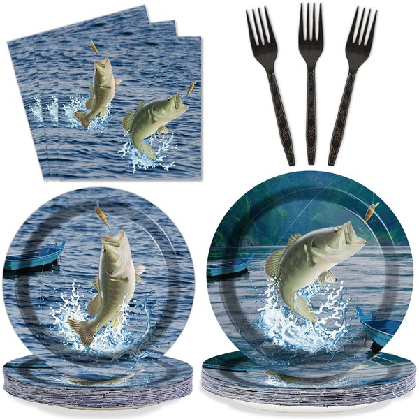 ZOIIWA 200 PCS Gone Fishing Tableware Disposable Paper Plates Napkins Fishing Tournament Birthday Party Supplies Dinnerware Set Napkins Fishing Themed Party Decoration Serve 50 guest