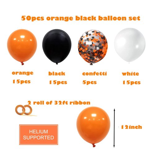 Halloween Orange Black and White Balloons Decorations, 50pcs 12 Inch Black Orange Confetti Latex Balloons for Baby Shower Birthday Anniversary Graduation Party Supplies