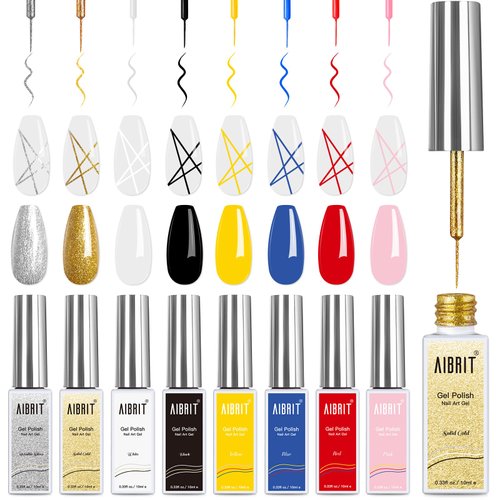 AIBRIT Gel Polish Nail Art Liner Set-8 Colors,10ml,0.33 fl oz,Gel Liner Nail Polish for Swirl Nail Built with Thin Nail Art Brush in Bottle Art Design Nail Salon DIY at Home
