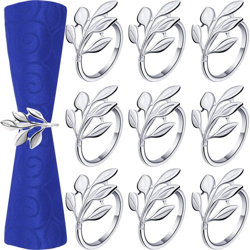 Leaf Napkin Ring Set Thanksgiving Napkin Ring Holders Bridal Vintage Napkin Band Adornment Dining Table Ring for Wedding Christmas Holidays Dinner Decor (Silver, 24 Pieces)