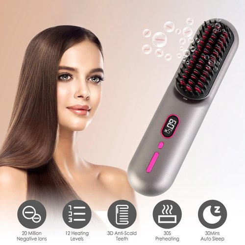 Cordless Hair Straightener Brush with LED Temperature Display,Portable Negative Ion Straightening Brush for Travel,Hot Hair Straightener Comb for Women 12 Heating Levels Anti-Scald 30S