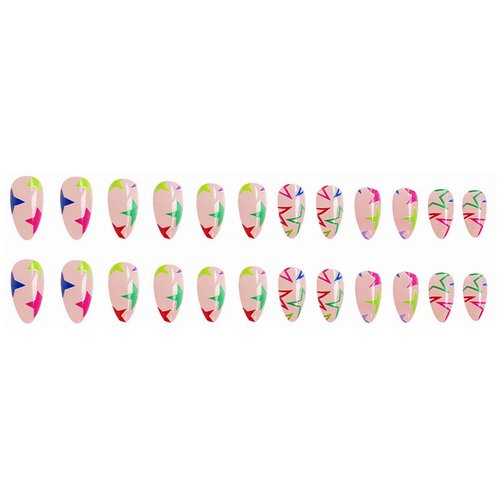 MERVF Medium Press on Nails Almond Fake Nails Colorful Star Stiletto Glue on Nails with Y2K Design Neon Acrylic False Nails Press ons 24pcs Glossy