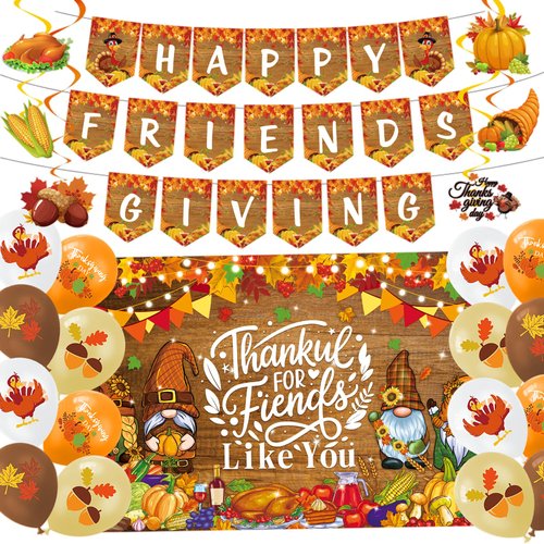 Friendsgiving Party Decorations,Friendsgiving Banner with Thanksgiving Hanging Swirls Decor Festival Backdrop Thanksgiving Party Balloons for Friendsgiving Decorations Party Supplies