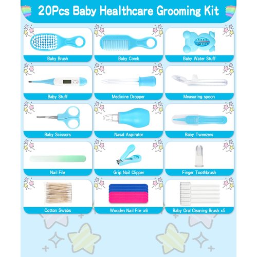 Baby Grooming and Healthcare Kit, Portable Baby Safety Care Set with Hair Brush Comb Nail Clipper Nasal Aspirator for Nursery Newborn Infant Girl Boy (20 in 1, Blue)