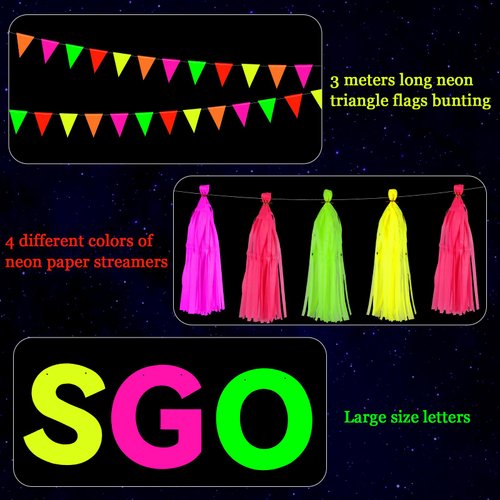 Qpout Neon Glow Party Supplies Includes Let's Glow Banner Neon Paper Tassels and Neon Triangle Banner Flags Glow in The Dark Party Supplies for Birthday Halloween Party Decorations