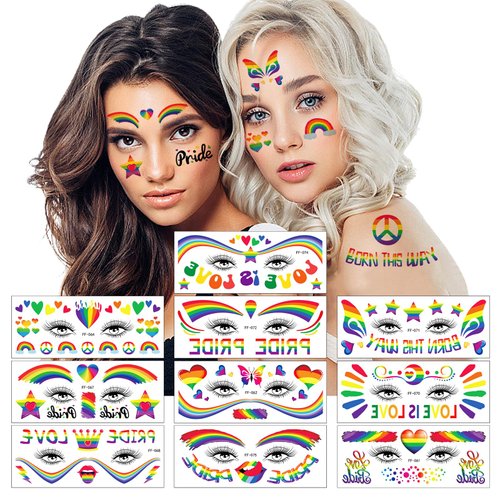 Pride Day Face Temporary Tattoo Rainbow Love LGBTQ Tattoos for Women Men, Gay Party Temporary Tattoo Supplies Fake Tattoos for Eye Makeup Face Decor 10 Sheets