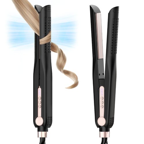 SKIMI Airflow Styler, Titanium Flat Iron Hair Straightener & Curler, Professional Curling Wand with Cooling Air Vents to Lock in Style, 5 Temps & Dual Voltage(Black & Pink).