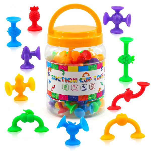 Suction Toys, 50 Pcs Bath Toys for Kids Ages 4-8, Bath Toys Sensory Toys for 3 4 5 6 7 Years Old Boys Girls Stress Release Toys Travel Toys Suction Cup Toys, Silicone Fruit Sucker Toys with Storage