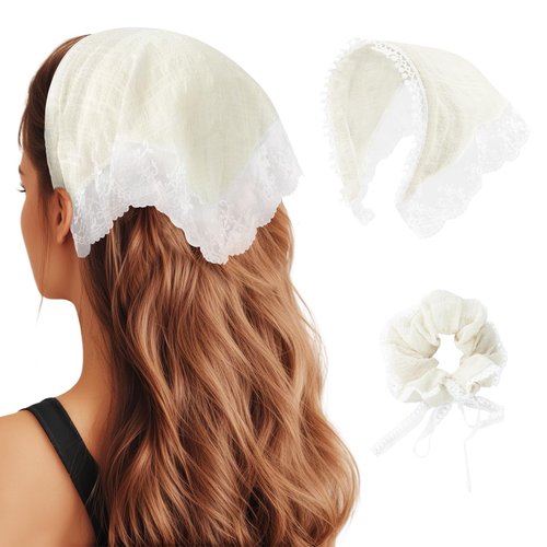 DOCILA Lace Floral Headbands & Matching Hair Scrunchies Set Womens Vintage Triangle Head Wrap Scarf Non Slip Seersucker Cotton Hairbands Chic Hair Ties Hair Accessories Beige