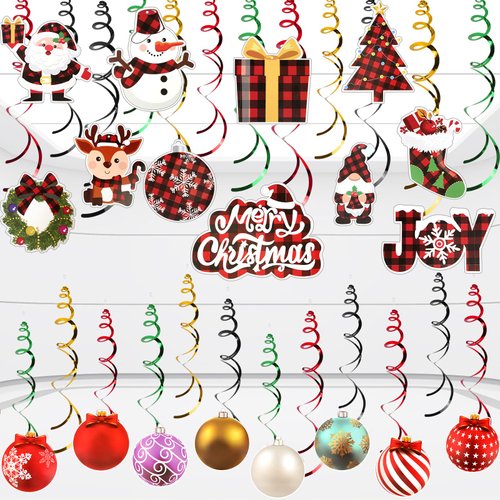53 Pcs Christmas Hanging Foil Swirl Decorations Set Xmas Holiday Snowman Elk Sign Hanging Swirls Ceiling Decorations for Indoor Outdoor Xmas Holiday Party Supplies