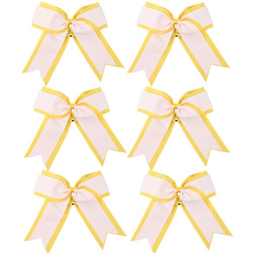 8 Inch 2 Colors Cheerleader Bows 2 Layers 6 Pcs Ponytail Holder Cheerleading Bows Hair Elastic Hair Tie (Yellow/White)