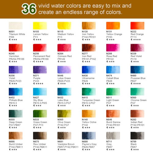 Woomer Watercolor Paint Set 36 Vivid Colors with 2 Water Brush & 5 Artist Grade Watercolor Paper 32k Perfect Travel Watercolor Set for Artists, Amateur Hobbyists and Painting Lovers