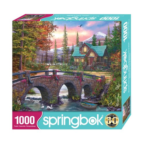 Springbok's Mountain Home Sunrise 1000 Piece Puzzle for Adults is a Soothing Image of a Mountain Cabin Retreat