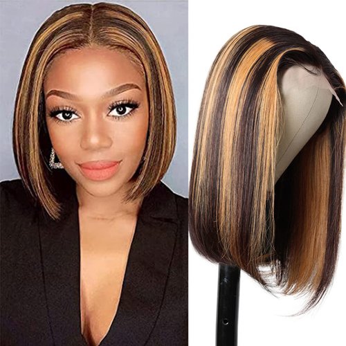 Munx Short Straight Highlght Brown Bob Lace Front Wigs 4x1 Lace Front Wigs Brazilian Virgin Hair With Baby Hair 10Inch 180% Density Lace Frontal Wigs for Black Women
