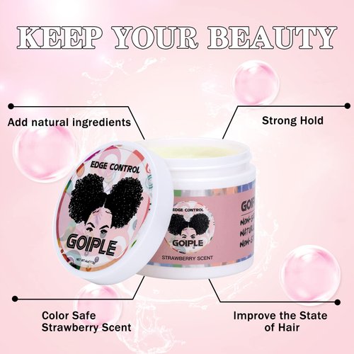 Goiple Edge Control Wax for Women Strong Hold Non-greasy Edge Smoother, Edge Wax Styling Tamer Edge Control for Black Hair No Flaking, White Residue, Shine and Smooth Strawberry Scent 4oz