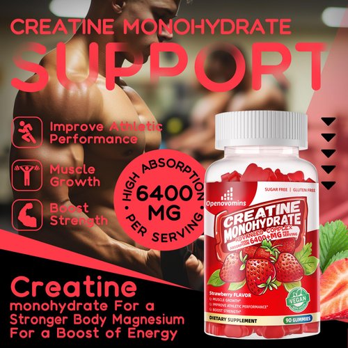 Creatine Monohydrate Gummies Complex 6400mg for Men & Women -Advanced Formula W/L-Taurine + Vitamin B12, Sugar Free Chewable Supplement,180 Strawberry Gummies 2pack