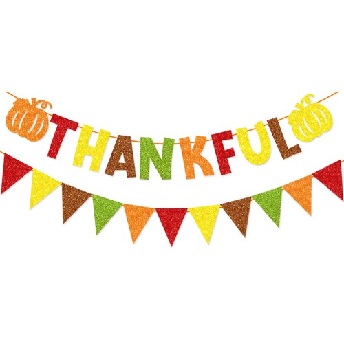 Happy Thanksgiving Day Party Decorations, Colorful Glitter Thankful Banner with Pumpkin Maple Leaves Sign, Thanksgiving Pennant Bunting, Happy Fall Harvest Time Thanksgiving Party Decorations Banner