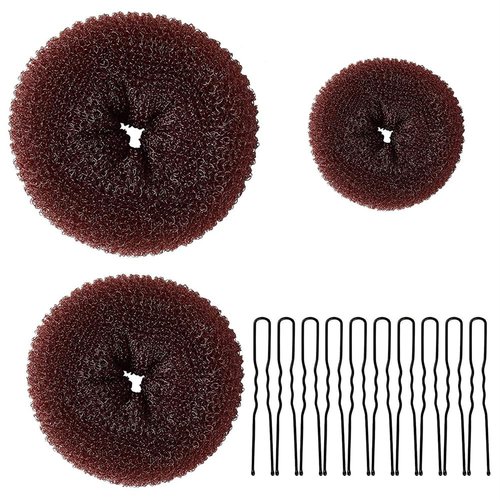 Donut Bun Maker, 3pcs Donut Bun Hair Bun Maker, 10pcs Doughnuts Sock Bun Ring Styler Maker (Brown)