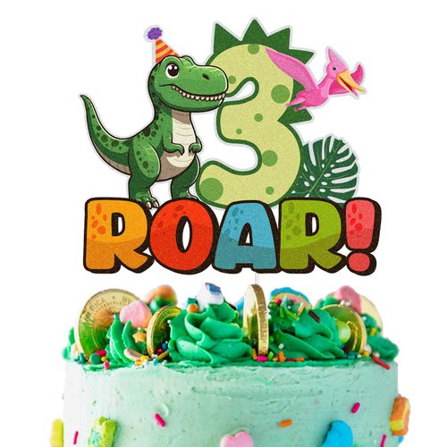 Dinosaur Cake Topper for 3 Year Old Birthday Party, Dinosaur Three Roar Themed Party Supplies for Boy or Girl Baby Shower, 3rd Birthday Party Supplies