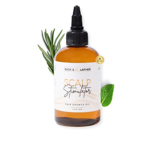 Bask & Lather Scalp Stimulator Hair Growth Oil Stocking Stuffer, Cold Pressed Oils Including Mint and Rosemary Oil for Hair Growth, Grapeseed Oil, Organic Natural Hair Oil, All Hair Types, 4 Fl Oz