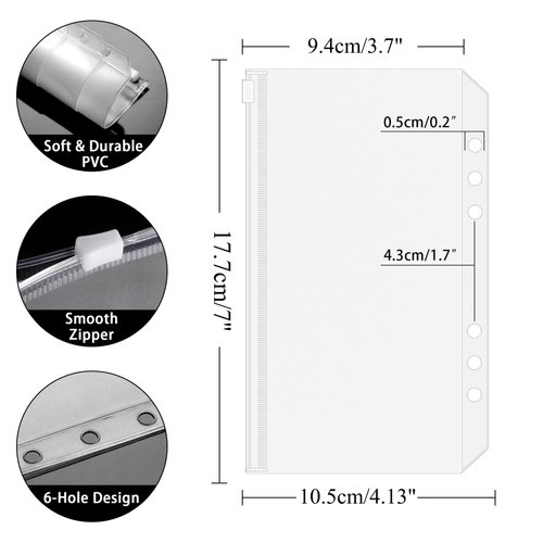 HAUTOCO 15PCS A6 Binder Pockets Clear PVC 6-Holes Binder Envelopes Zipper Binder Pouches for A6 Notebook Binder, Cash Envelopes for Budgeting, Waterproof Zipper Budget Envelopes Loose Leaf Bags