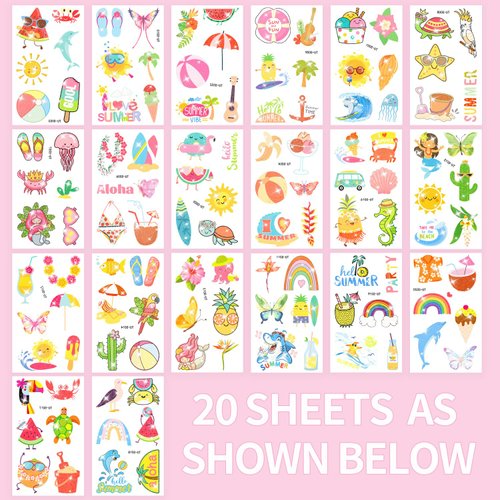 120 PCS Glitter Summer Tattoos Temporary For Kids Hawaiian Luau Themed Tattoos Tropical Beach Waterproof Tattoos Stickers Pool Party Favors Decoration Supplies For Adults