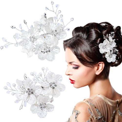 Mxxipp 2Pcs Bride Wedding Pearl Hair Clips White Flower Hair Piece Rhinestone Shell Floral Bridal Hair Accessories for Women and Girls
