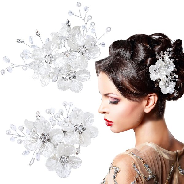 Mxxipp 2Pcs Bride Wedding Pearl Hair Clips White Flower Hair Piece Rhinestone Shell Floral Bridal Hair Accessories for Women and Girls