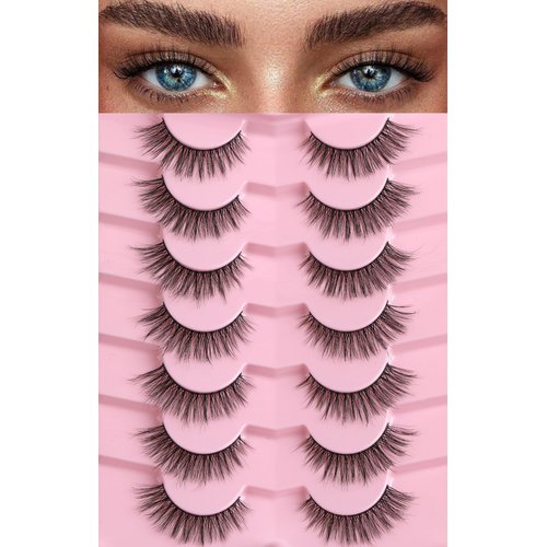 Cat Eye Lashes Natural Eyelashes 16MM False Eyelashes Wispy Thin Band Eyelashes 3D Volume False Lashes Soft Strip Lashes Pack C Curl Natural Eyelashes Fake Lashes 7 Pair EVENTILL